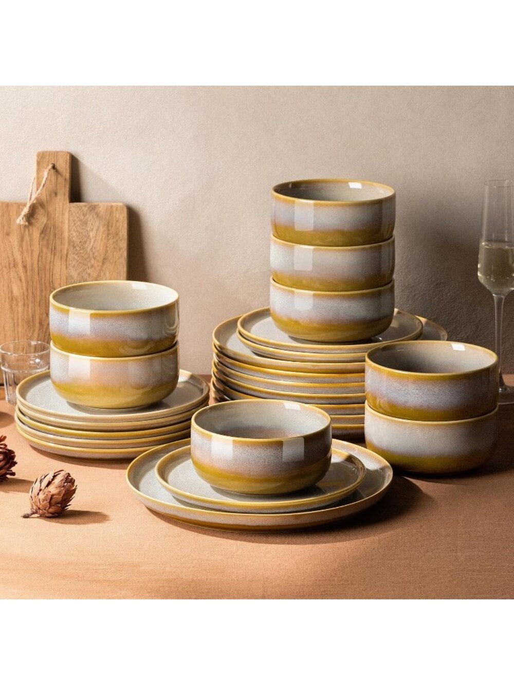 Autumn Haze Terra Ceramic Dinnerware Set For 8, 24-Piece Plates And Bowls Sets